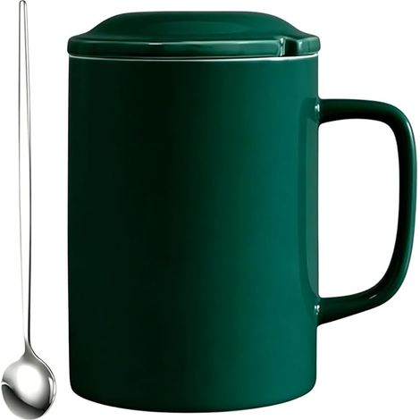 Tasse Tasses à Café en Céramique avec Cuillère et Couvertures pour Bureau et Maison Vert Foncé (1/5)