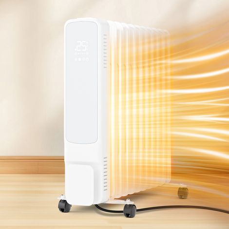 TolleTour Stufa radiatore a olio 2500 W WiFi, 11 elementi, regolazione 5-35 °C, telecomando, pannello in vetro e ruote, bianco (1/5)