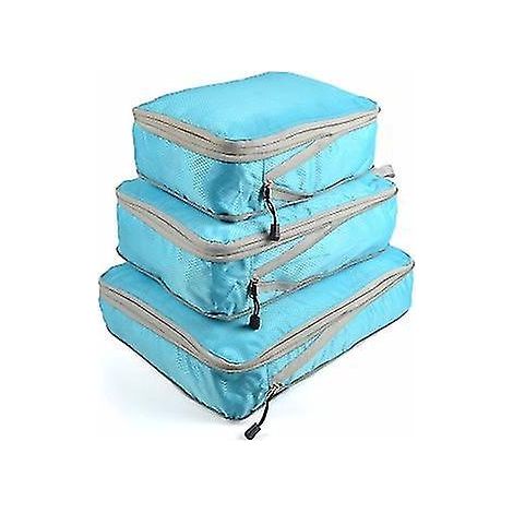 Lot de 3 cubes de rangement compressibles pour voyage, pliables et imperméables, en nylon bleu. (1/3)