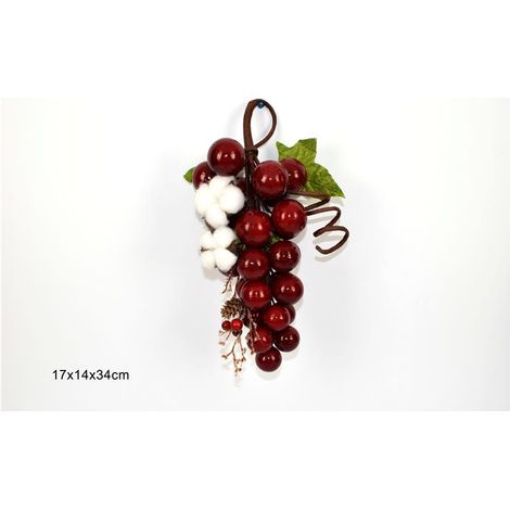 Decorazione Natale Grappolo Uva Fiore con Cotone Bacche e Pigne 34 cm