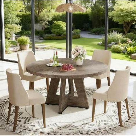 Tavolo da pranzo rotondo Ø 120 cm grigio in legno, stile rustico e adatto a 4 persone (1/5)