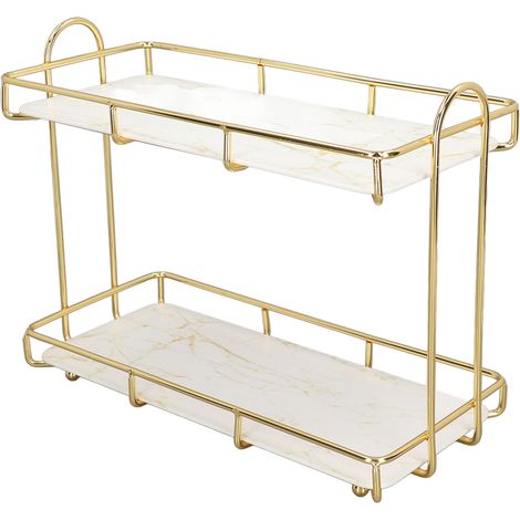 Étagère de salle de bain à 2 niveaux, étagère sur pied avec séparation, support de rangement pour cosmétiques, couleur or, petit format 31 x 23 cm (1/5)
