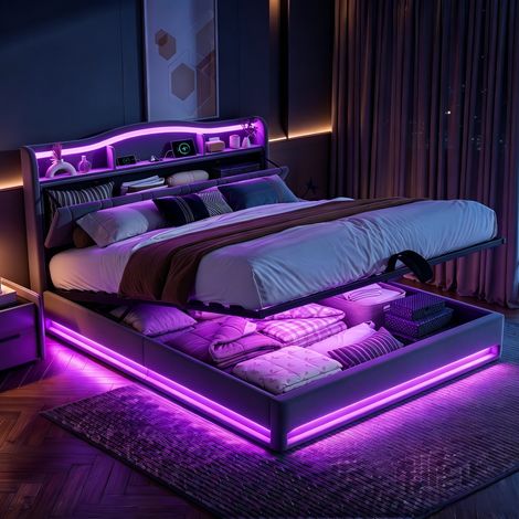 Lit coffre adulte 160x200 cm gris capitonné avec rangement hydraulique, fonction charge USB et éclairage LED (1/5)