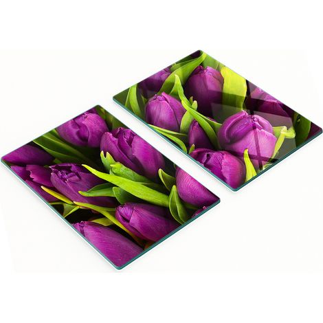 Juego de dos tablas de cocina de cristal con diseño de tulipanes morados, 2x40x52 cm. (1/5)