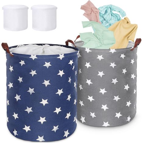 Panier a Linge, 63L Corbeille à Linge lot de 2, Paniere a Linge Pliable avec Poignées, Panier à Linge à Revêtement Imperméable avec Sac Linge Sale, Panier de Rangement en Coton, Motif étoile