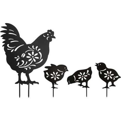Lot de 4PIÈCES Statue de poule et poulets en acrylique Déco,Silhouette Animale Décoration jardin (1/4)