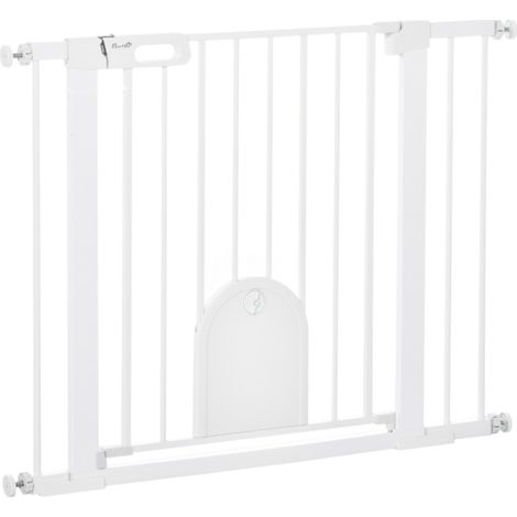 Pet Safety Gate with Cat Flap for Dogs,Pressure-Fit Stair Barrier,Auto-Close,Double Lock,75-103 cm,White (1/5)
