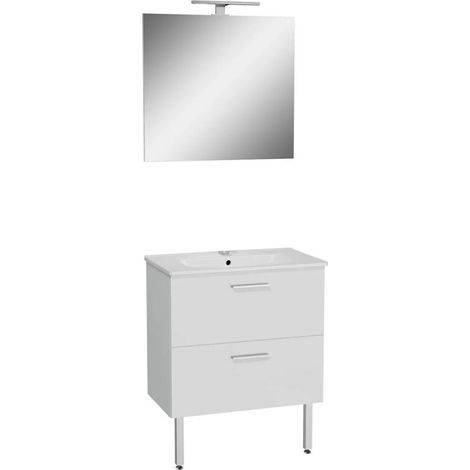 Meuble de Salle de Bain 70cm VITRA Mia Blanc Meuble, Plan Vasque Céramique, Miroir et LED - 66100 (1/4)