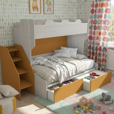 Letto a castello 3 posti con terzo letto estraibile e scaletta contenitore - Una piazza e mezza - Rovere rock