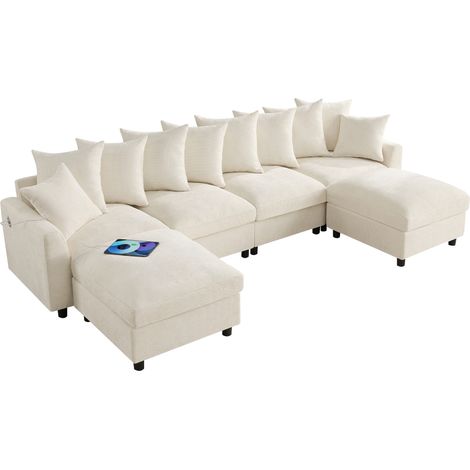 Sofá Esquinero Modular de 6 Plazas con Puertos USB y Type-C, 10 Cojines, Chenilla Beige (1/5)
