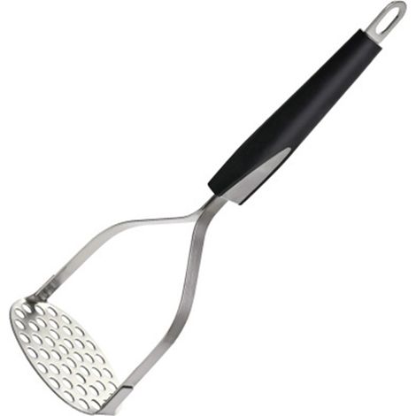 Presse-purée en acier inoxydable avec large poignée horizontale ergonomique. Grille à mailles fines pour une purée de pommes de terre onctueuse. (1/4)