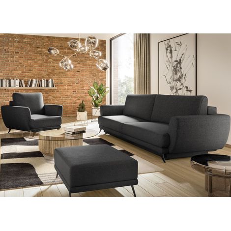 Ensemble canapé convertible tissu anthracite Zora - 1 canapé 3 places + 1 fauteuil + 1 pouf (1/5)