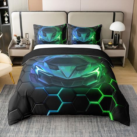 Parure de lit 3D - 100 % coton - Avec housse de couette de 155 x 220 cm et 1 taie d'oreiller - Motif voiture de course moderne - Ultra douce - Pour enfants, garçons et filles (1/5)