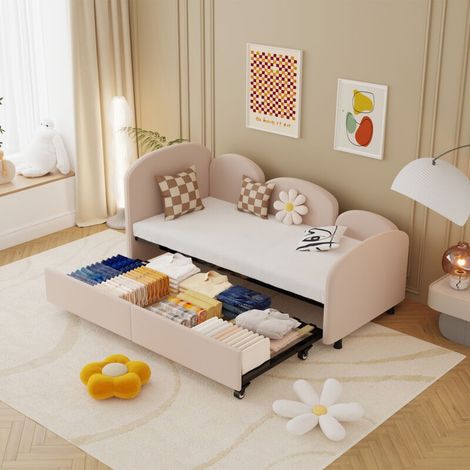 Lit jour Twin avec tiroirs de rangement, lit jour en velours rembourré, canapé-lit moderne pour chambre à coucher, salon ou chambre d’enfants, cadre de lit jour moderne (1/5)