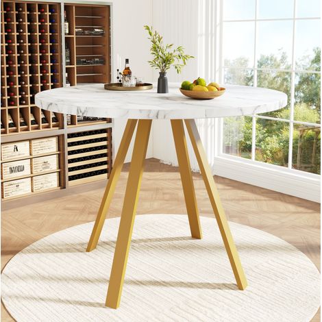 Table à manger ronde 80 x 80 x 75 cm en MDF, blanche avec pieds métalliques dorés HAVRYA (1/5)