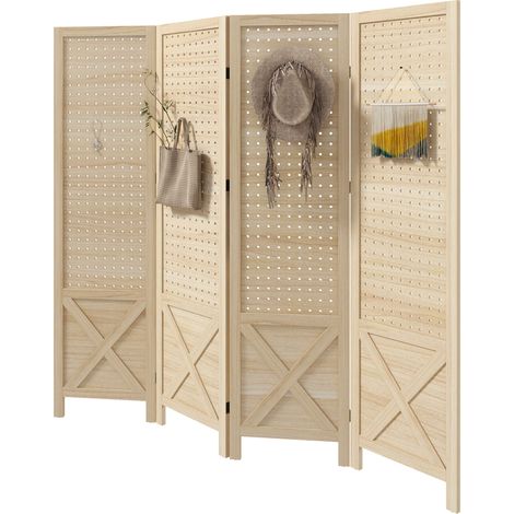 Paravent intérieur en bois 4 panneaux séparateur de pièce pliable panneau perforé 152 x 1,7 x 144,5 cm bois naturel