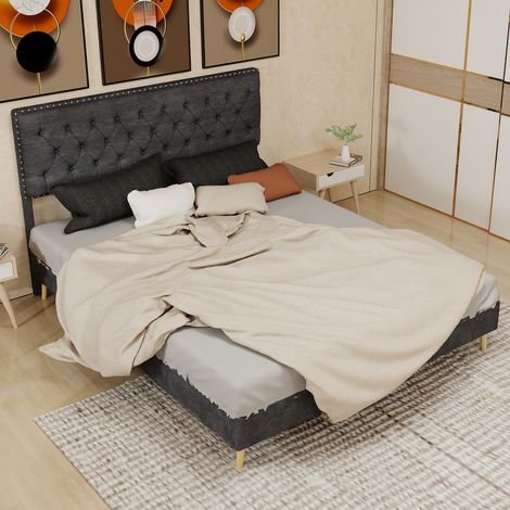 Cama con almacenaje 160x200cm terciopelo holandés tejido y metal gris (Sin colchón) (1/5)