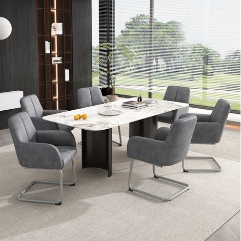 Chaise de salle à manger en cuir gris avec accoudoirs, structure en acier, lot de 6,45×51×86cm (1/5)