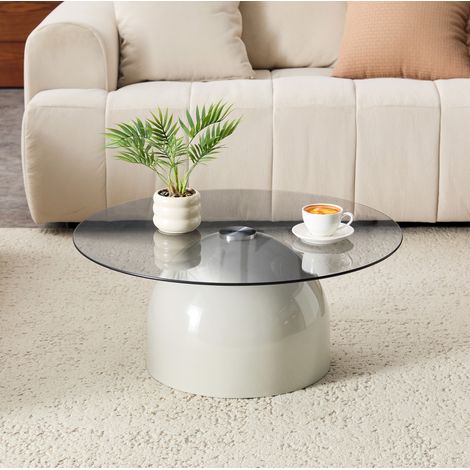 Table basse ronde 70 cm gris en acier carbone et verre trempé avec base stable (1/5)