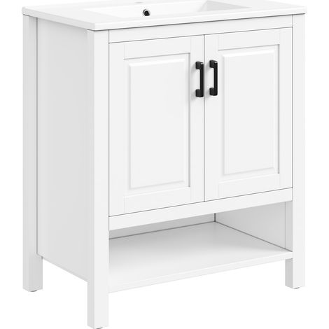 Meuble vasque salle de bain blanc en MDF avec vasque en céramique intégrée, 76,5 x 47 x 83 cm, double porte et étagères ouvertes (1/5)