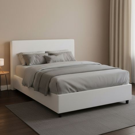 Talamo Italia Cama de plaza y media Assunta, Cama contenedor con tapizado en ecopiel, 100% Made in Italy, Apertura frontal, con colchón Cm 120x200 incluido, Blanco, con embalaje reforzado (1/4)