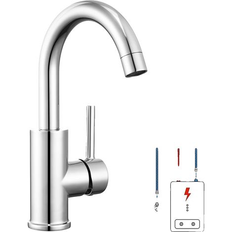 Grifo de lavabo, diseño de baja presión, caño giratorio de 360°, cromado, acero inoxidable, G3/8 (1/5)