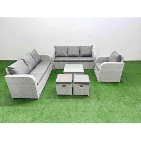 Fimous 9 Seater Poly Rattan Outdoor Garden Furniture Square Coffee Table Sofa Set Patio 3 Seater Sofa Reclining Chair 3 Seater Sofa Stools Light Grey (1/4)