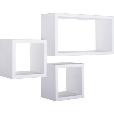 Set 3 Mensole Cubo da Parete Quadrato e Rettangolare in Fibra di Legno Tribù Bianco (1/5)
