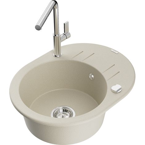 Mexen Kevin 1 Becken-Granitspüle mit Abtropffläche und Mischbatterie Flora, Beige - 6517-69-670401-0