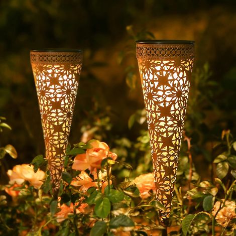2 Pack Metal Solar Lights for Outdoor Garden Decoration, Solar LED Garden Lights Warm White IP65 Waterproof for Balcony, Planters, Lawn, Christmas Path