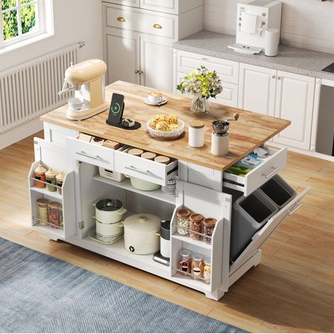 Îlot central de cuisine 138x86x92 cm MDF blanc effet bois avec table relevable - CHICFURN (1/5)
