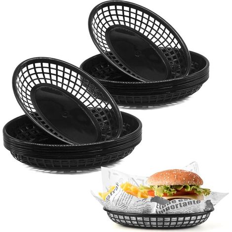 Paniers de nourriture pour servir, plateau de snack de cinéma, accessoires de fête mexicaine réutilisables en plastique pour les burgers, les frites (Noir 16pcs) (1/5)