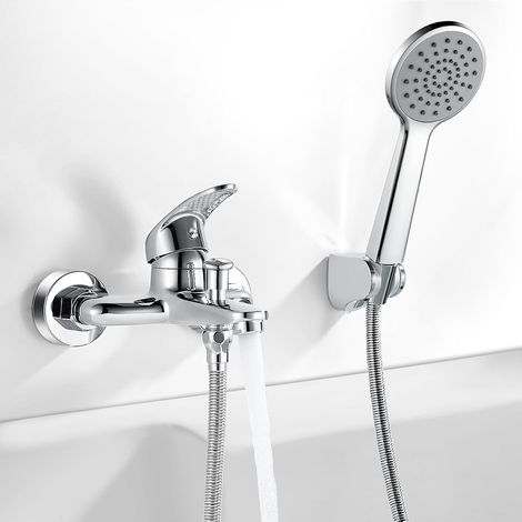 Mitigeur monocommande Bain Douche Chromé, Mitigeur Baignoire avec Douchette et Flexible de Douche (1.5m) Support, Mitigeur Douche Mural, Robinet Baignoire Universel Filetage 1/2" (1/5)