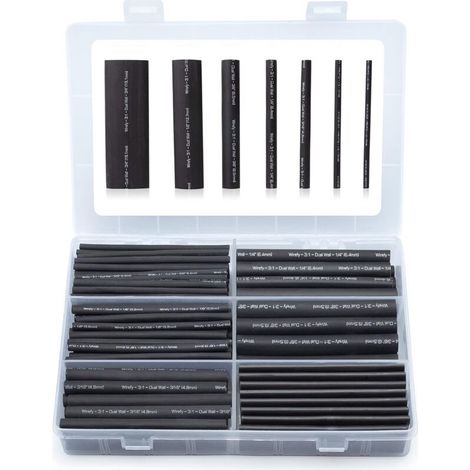 180 Pièces Kit de Gaine Thermorétractable Etanche Noire - 3:1 Tube Thermoretractable à double paroi - Revêtement adhésif - Gaine Thermo (1/5)