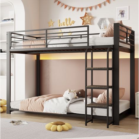 Litera infantil 90x200 cm con escalera integrada, barandilla de seguridad, metal y MDF y nogal - negro (1/5)