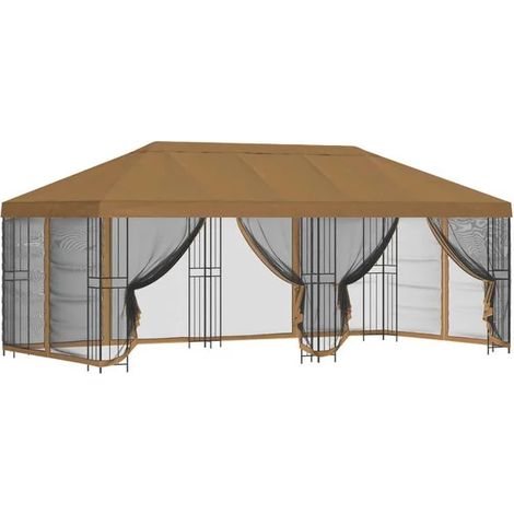 Un gazebo avec parois latérales, 6 x 3 mètres, en fibre de polyester beige et structure en acier, 190 cm de haut. (1/5)