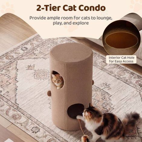 Maison pour chat brune à 2 niveaux en panneau aggloméré avec cachette et tapis à griffer en sisal pour salon, chambre et intérieur (1/5)