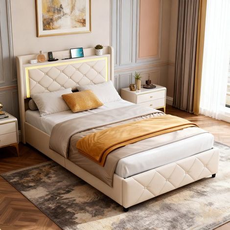 Letto bambino 90x200 in velluto beige con LED, porte USB-C, rete e 2 cassetti (1/5)