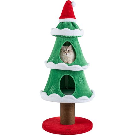 Arbre à Chat en Forme d'Arbre de Noël Maison pour Chat, Hauteur 130 CM, avec 2 Niches et Poteaux à Griffer, pour Petites Chats, Repos, Jeu, Grattage (1/5)