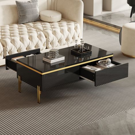 Mesa de centro 100 x 50 x 36 cm con 2 cajones ocultos, acabado brillante parcial, negro DESVIAE (1/5)