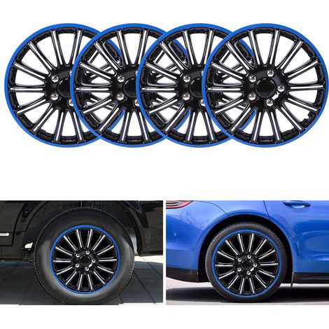 Lot de 4 enjoliveurs de roue 15 pouces à clipser, noir et bleu, compatibles avec pneus R15 et jantes en acier. (1/5)
