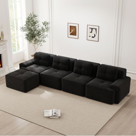 Divano modulare 4 posti 74xx cm nero in velluto a coste con chaise longue, seduta profonda e design antiscivolo (1/5)