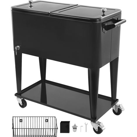 Mophorn Kühlwagen Getränkewagen 75,71 L für bis zu 50 Flaschen oder 110 Dosen, mobiler Beistellwagen für Partys und Bars mit Ablagefläche, Seitenkorb, Flaschenöffner und Deckel, Getränkekühler Schwarz (1/5)