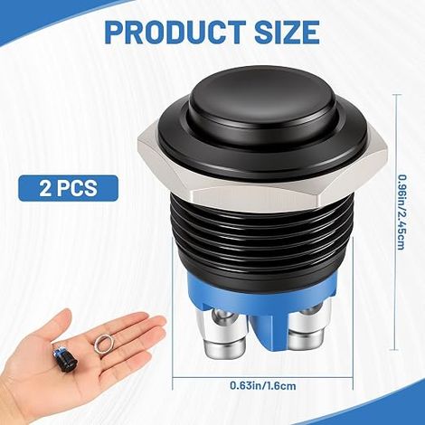 Momentary Push Button 12V Waterproof Black 16mm Metal Rustproof Push Switch 1A/220V with Screw Fitting for DIY, Car, Boat, Industrial and Electronic Systems (1/4)