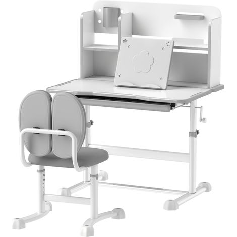 Ensemble bureau et chaise pour enfants réglables, banc d'école avec plateau inclinable, tiroir, étagère, gris (1/5)