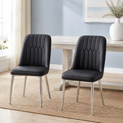 Chaise de salle à manger en cuir régénéré noir, pieds métal argenté, dossier ergonomique et assise rembourrée 41,5 x 43 x 89 cm pour salle à manger – de FLORAGRACE (1/5)