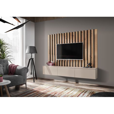 Ensemble meuble TV mural Verti II - Bois MDF cachemire et noir et chêne artisan - 180 x 148 x 35 cm - Livraison gratuite (1/3)