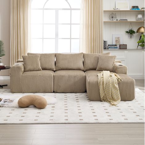 Modulares Ecksofa 257x160x62 cm khaki aus Cord mit Chaiselongue, 5 Kissen, Seitentaschen und Getränkehaltern (1/5)
