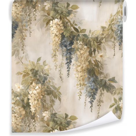 Papier peint beige feuilles fleurs vintage sur molleton mur salon chambre coucher (1/3)