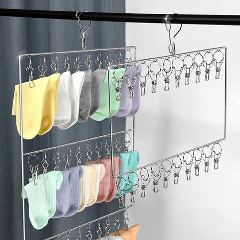 Séchoir à chaussettes en acier inoxydable pour serviettes, couches lavables, soutiens-gorge, vêtements de bébé, sous-vêtements, bonnets, gants, 2 niveaux, 20 pinces (1/5)